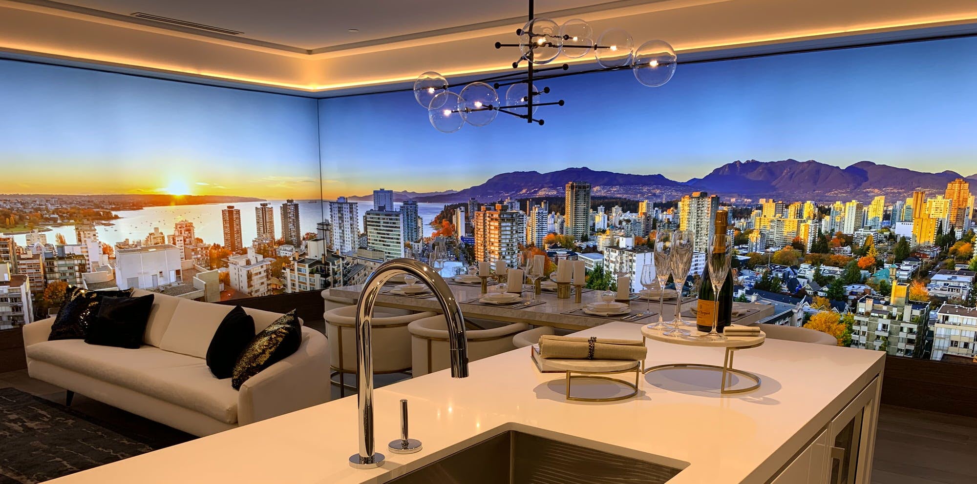 Modern kitchen in a highrise with an outstanding view overlooking the city, the bay, and the mountains